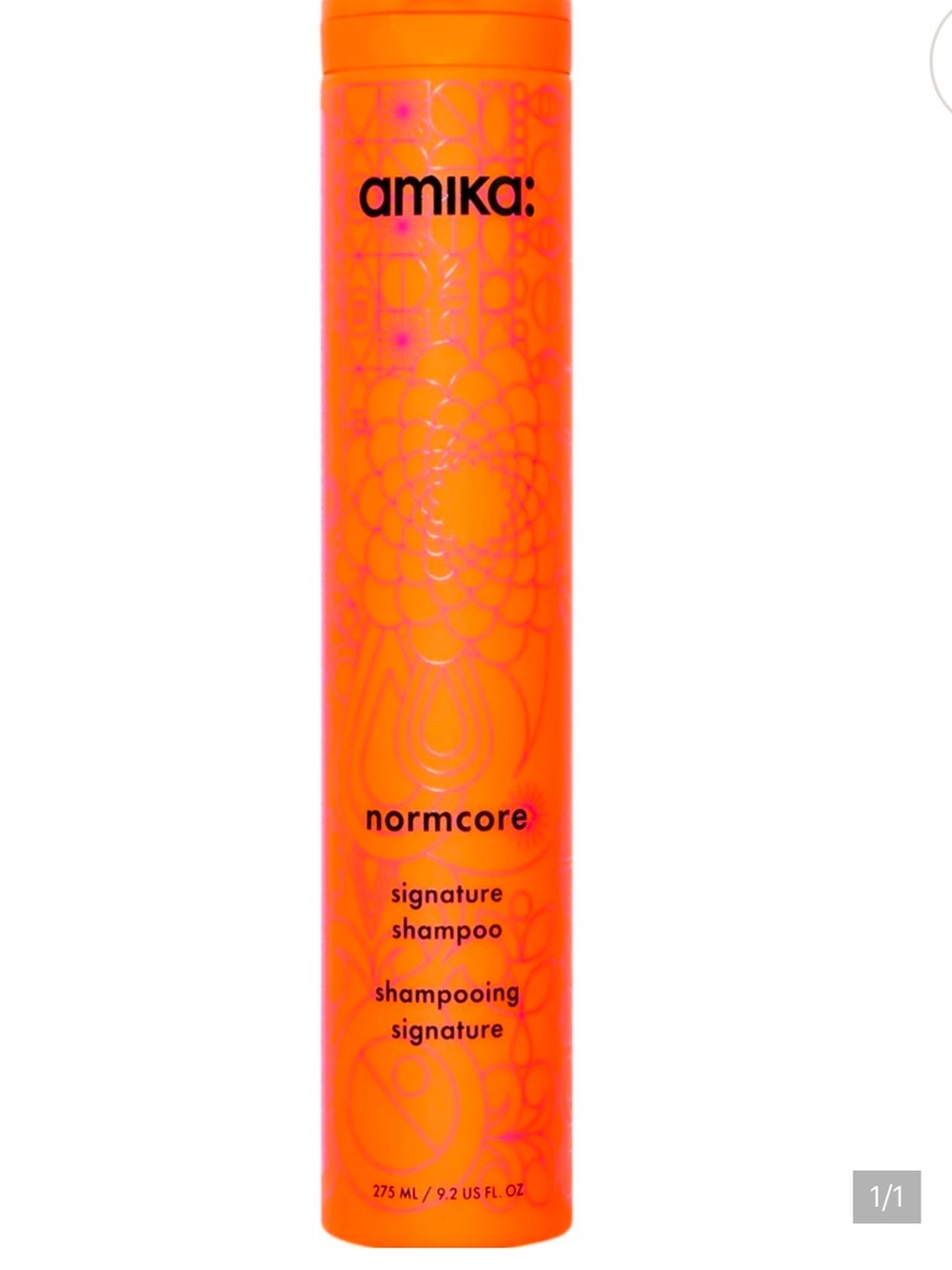 amika normcore Signature Shampoo – Bright Orange Bottle with Pink Accents